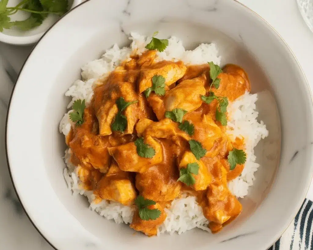 Delicious homemade Butter Chicken served with rice and garnished with cilantro.