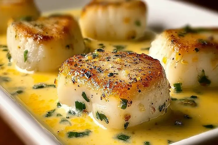 Baked Cod in Coconut Sauce garnished with herbs and served on a plate.