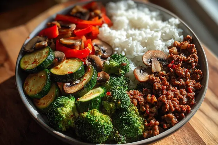 Spicy ground beef stir-fry bowl with garlic vegetables and white rice served in a shallow bowl