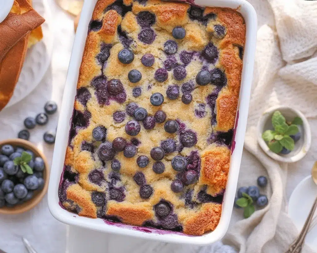 Blueberry French Toast Casserole with fresh blueberries and creamy custard topping