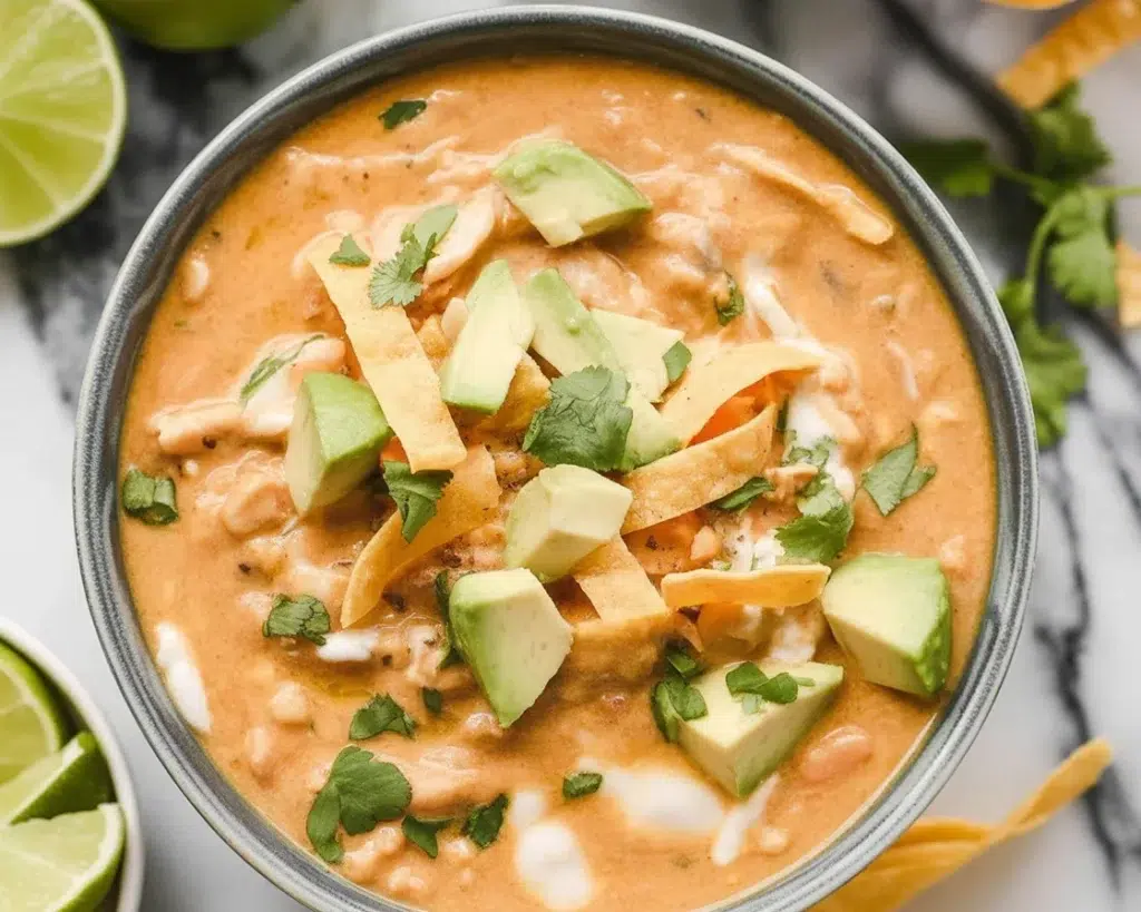 High Protein White Chicken Chili served in a bowl with toppings, comforting and delicious.