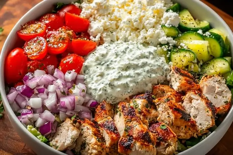 Delicious Greek Chicken Bowl with chicken, cucumber salad, and tzatziki sauce.