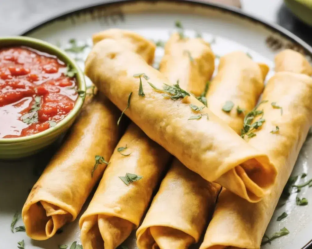 Crispy chicken taquitos filled with seasoned chicken and melted cheese, baked to perfection.