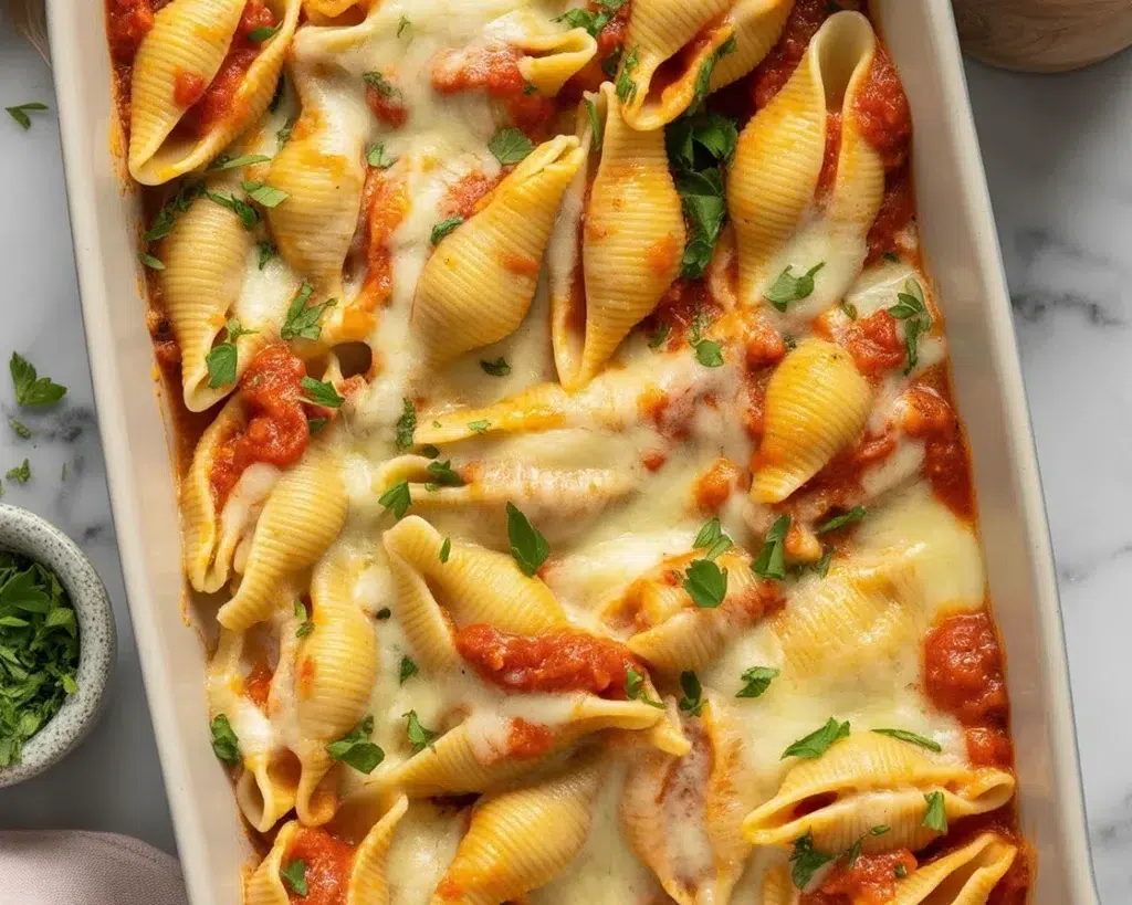 Spinach and Ricotta Stuffed Shells served in marinara sauce with cheese topping.