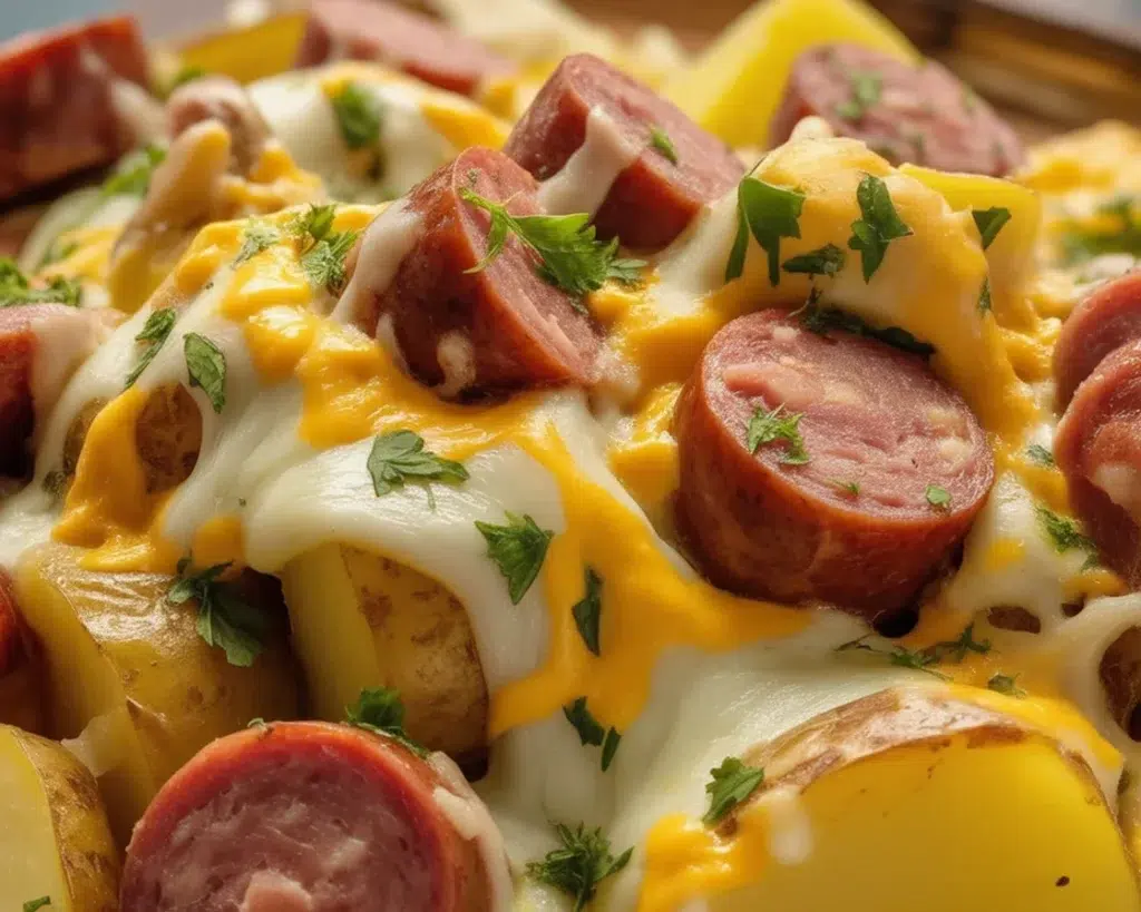 Cheesy Ranch Potatoes and Smoked Sausage in a creamy casserole dish.