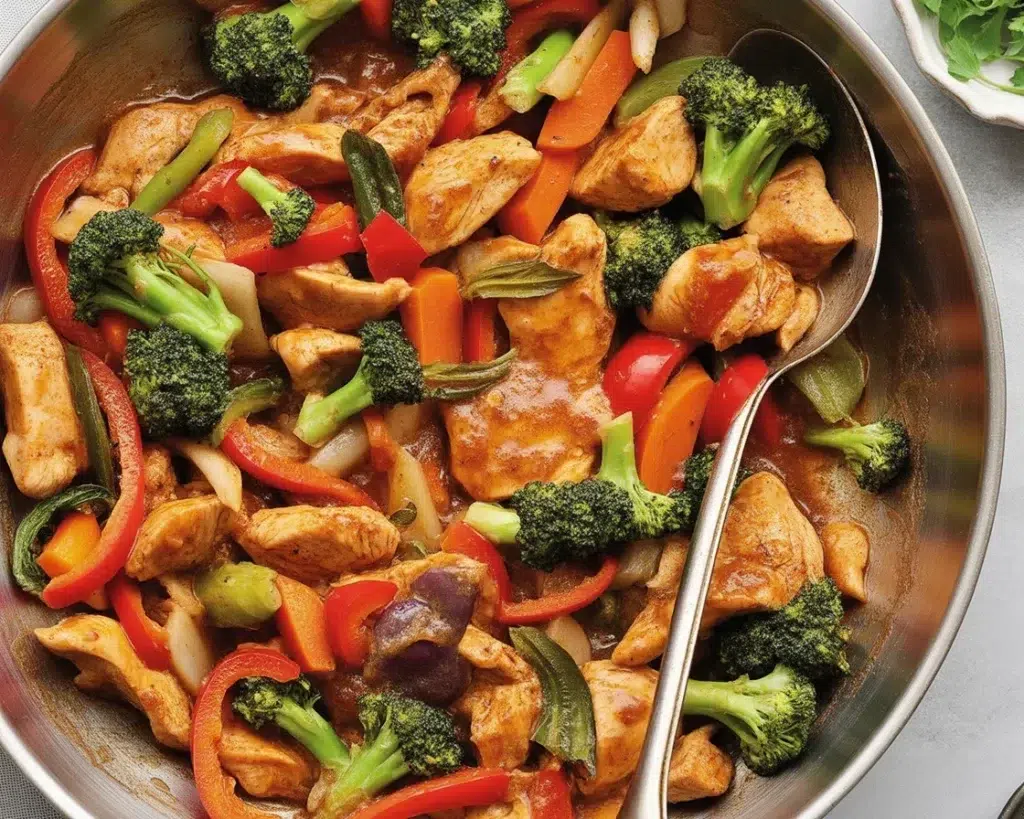 Mediterranean Chicken Stir Fry with colorful vegetables in a skillet.
