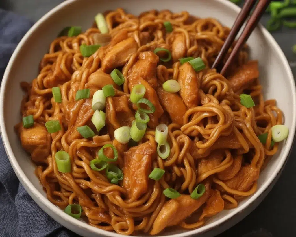 Delicious Sticky Garlic Chicken Noodles with juicy chicken and savory sauce.