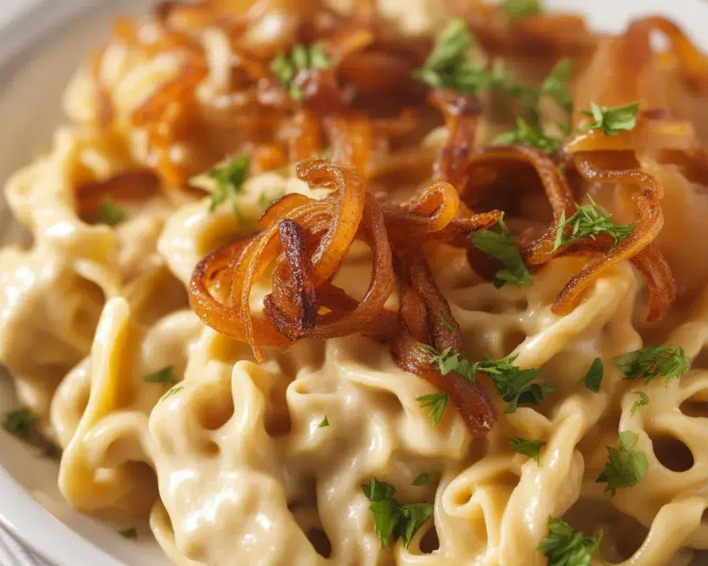 Delicious French Onion Chicken Orzo Casserole topped with cheese and caramelized onions.