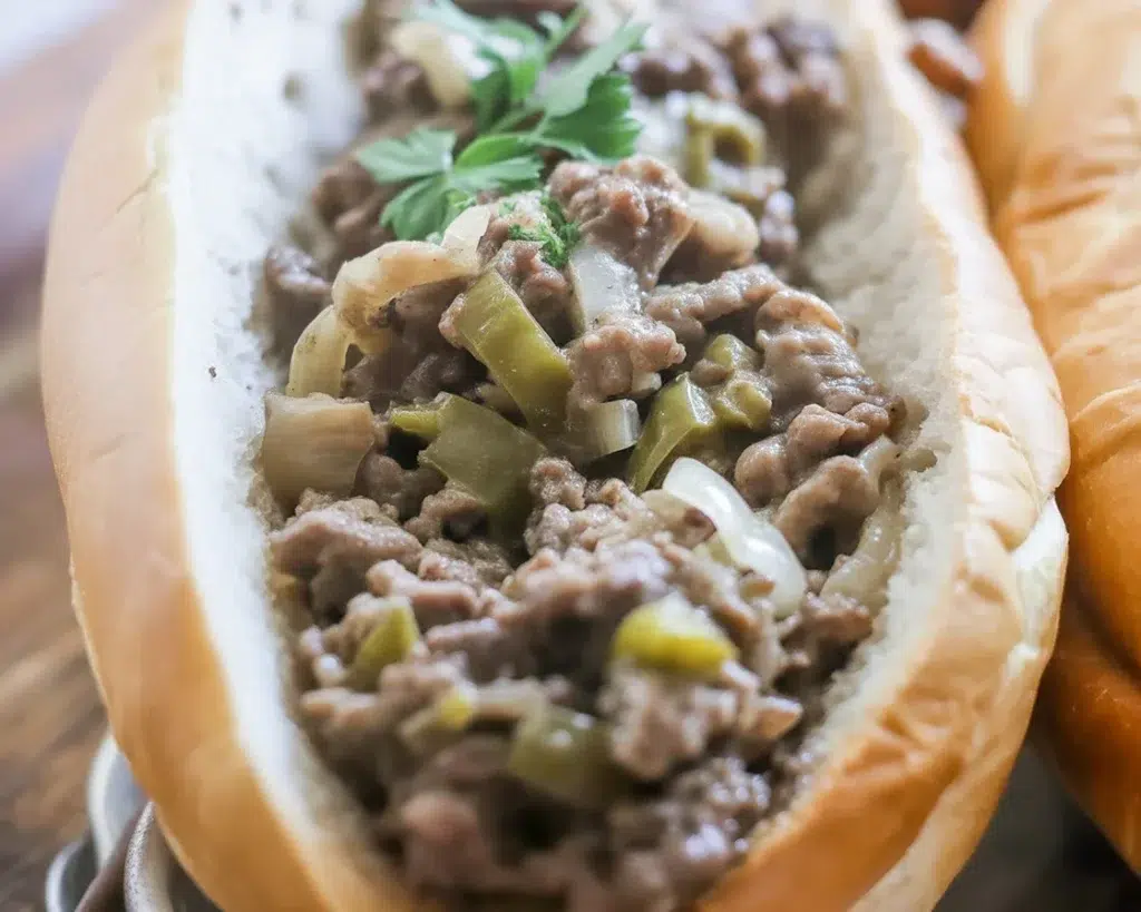 Delicious Ground Beef Philly Cheesesteaks with melted cheese and green peppers