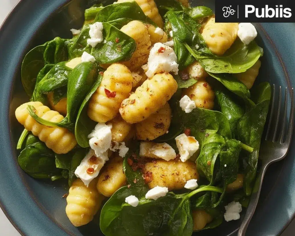Crispy Gnocchi with Spinach and Feta served in a bowl with herbs and garlic.