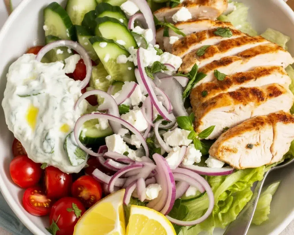 Delicious Greek Chicken Bowls with savory chicken, fresh veggies, and tzatziki sauce.