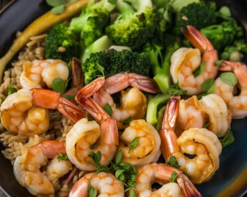 Delicious high-protein honey garlic shrimp cooked in a savory sauce.