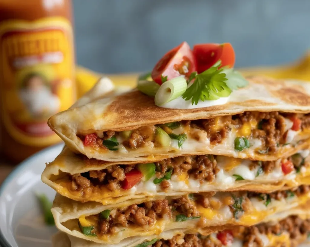 Keto Crunchwrap filled with ground beef, cheese, and fresh toppings on a low carb tortilla.