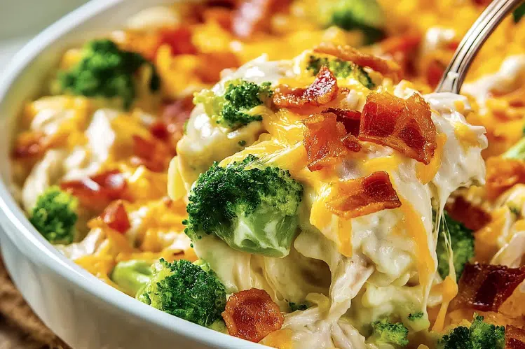 Delicious low carb chicken casserole with broccoli, cheese, and riced cauliflower.