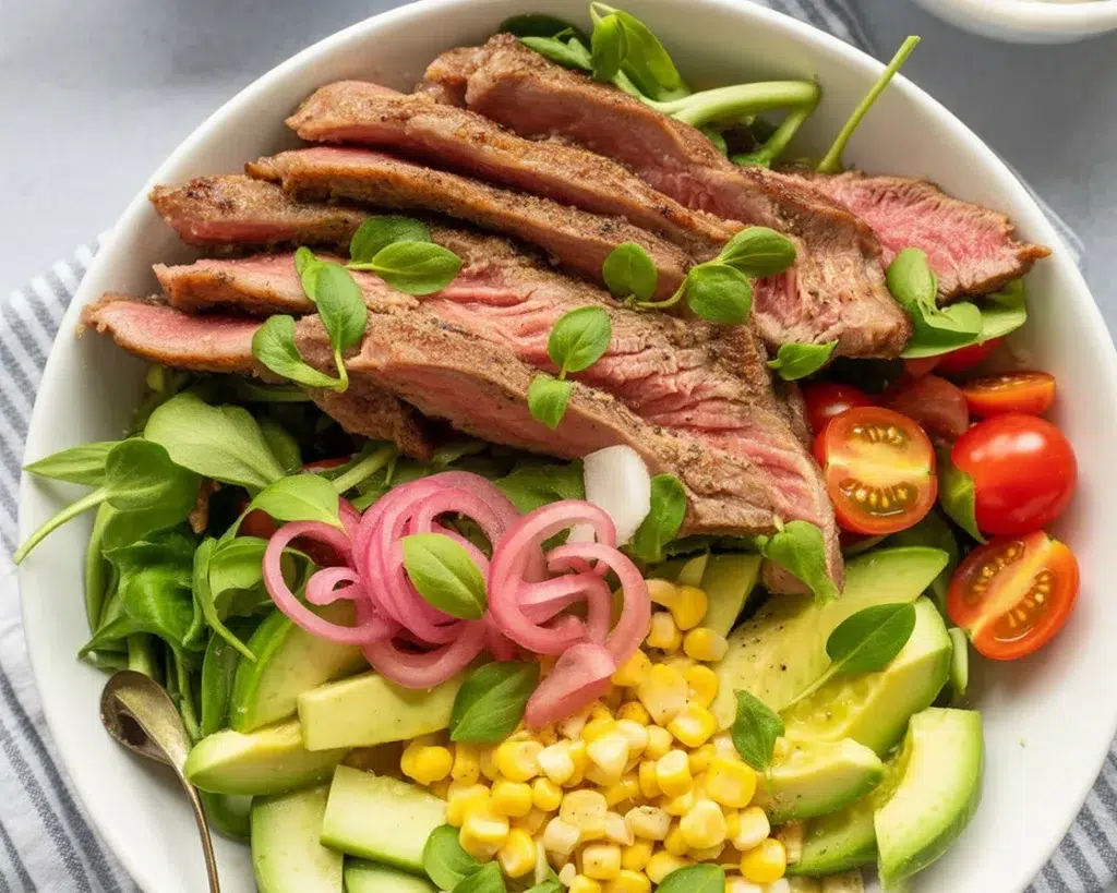 Bowl filled with Cilantro Lime Steak, rice, avocado, and cilantro lime crema