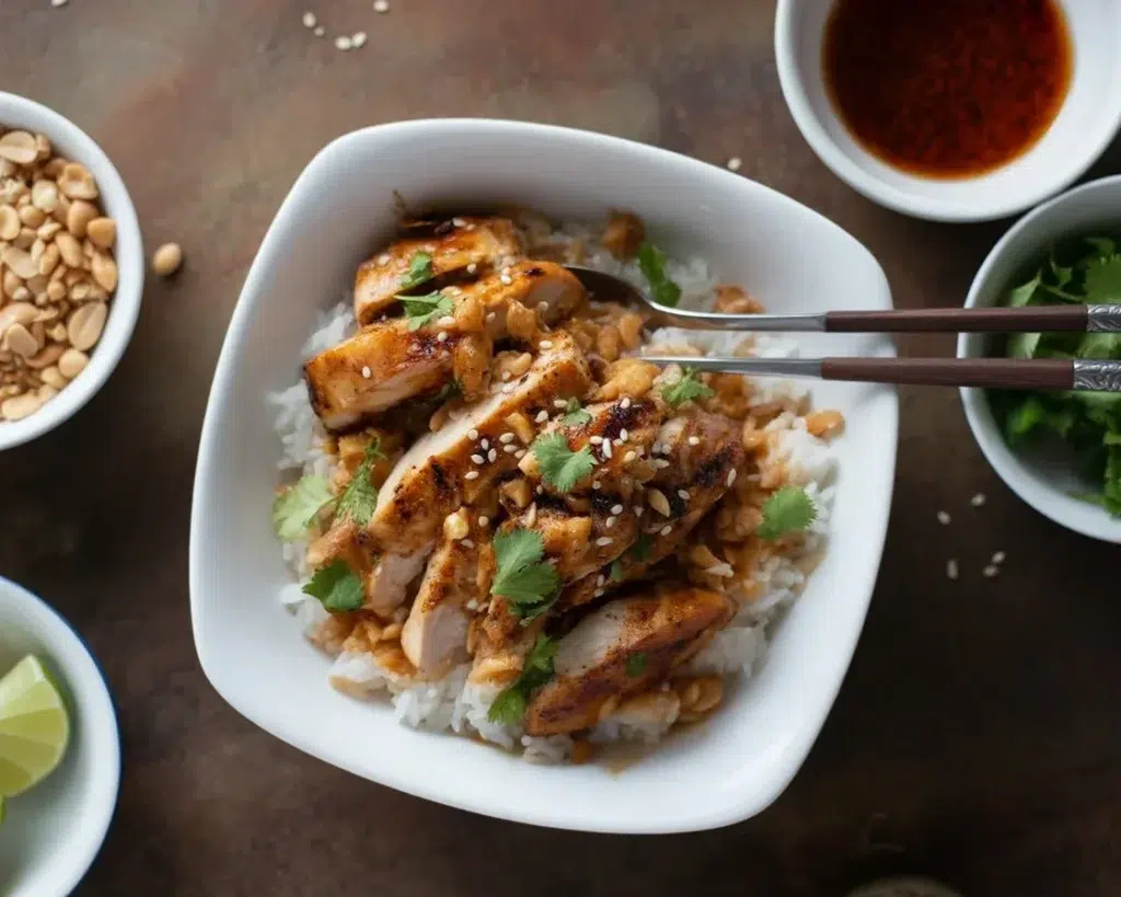 Delicious sticky chicken rice bowls topped with a sweet sauce and served with vegetables.