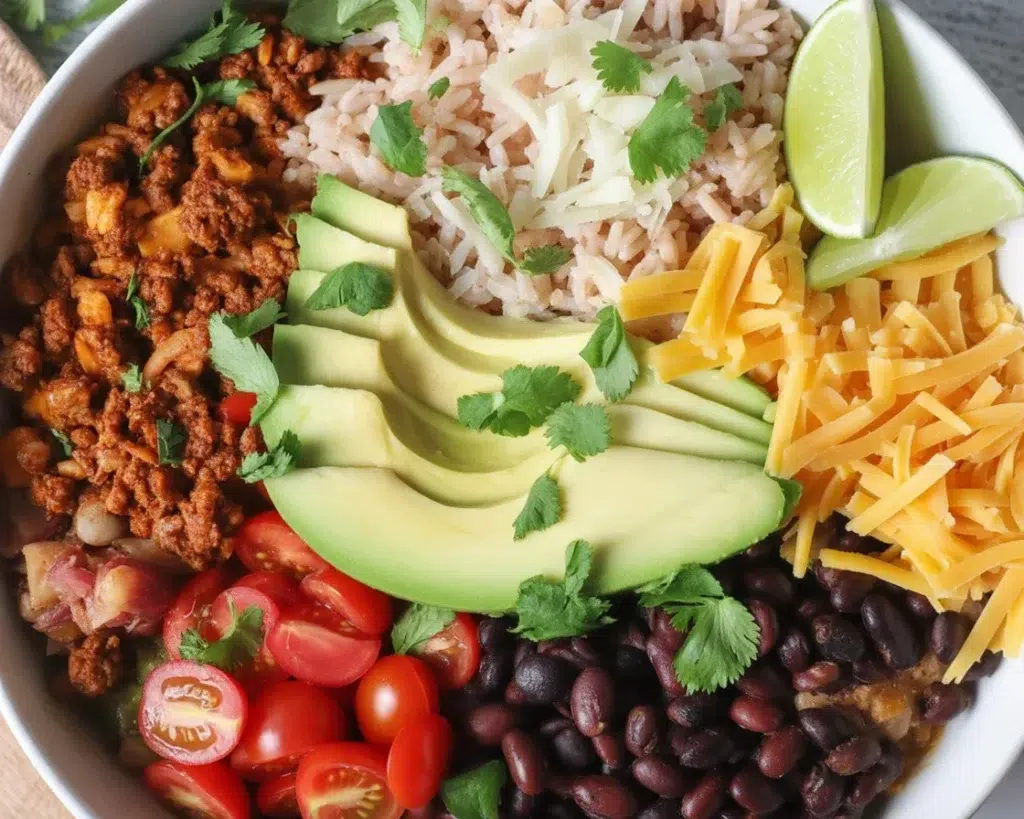 Delicious Taco Rice Bowl with ground beef, veggies, and cilantro lime rice