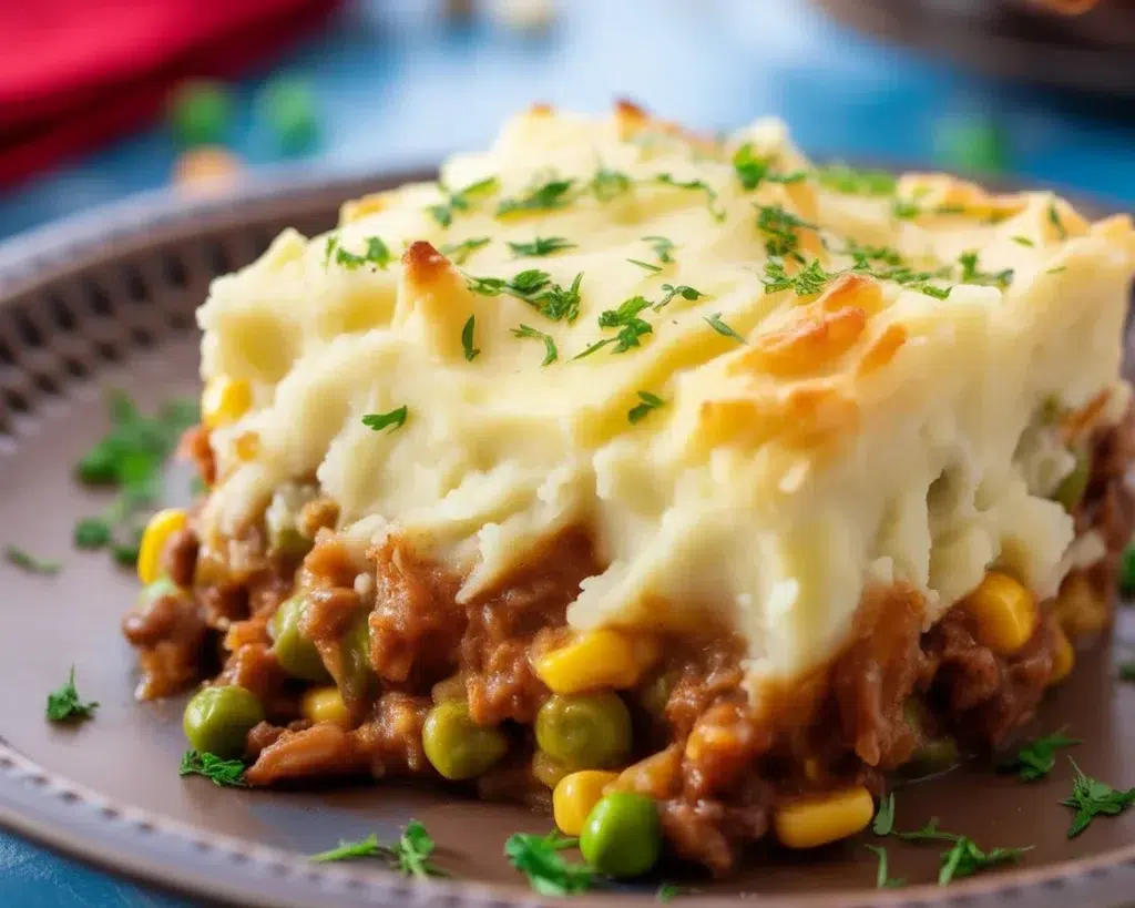 Savory Shepherd's Pie Casserole with ground beef and mashed potatoes baked to golden perfection.