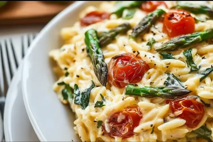 the Best Baked Feta Orzo in one pan with tomato and green beans