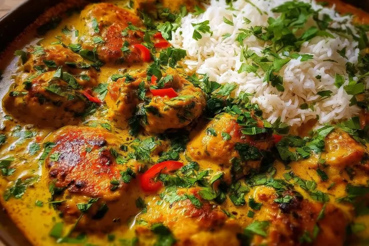 Dish of Spicy Brazilian Coconut Chicken served with coconut milk sauce.