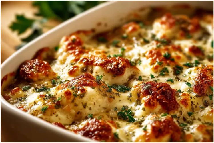Delicious chicken alfredo bake with creamy sauce and gooey melted cheese.