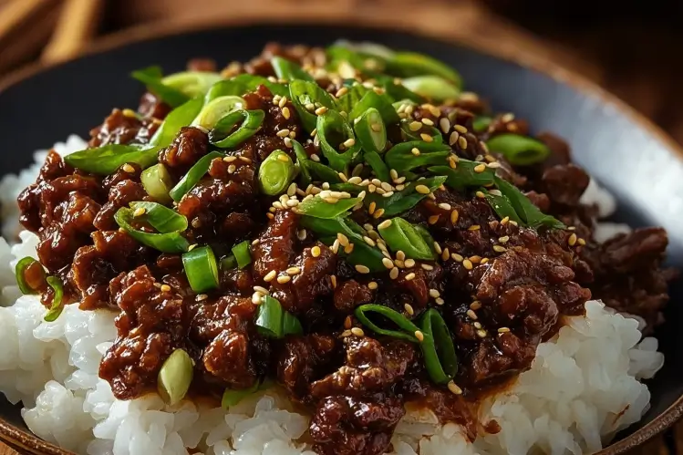 Korean ground beef bowl with vegies and rice
