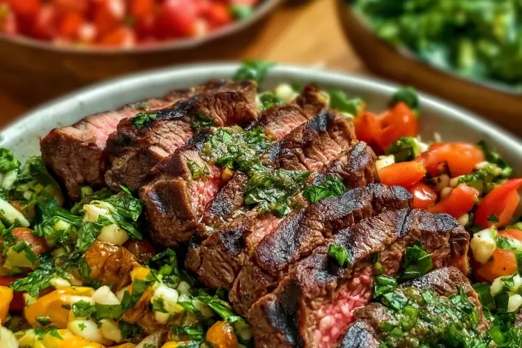 Mediterranean Steak Bowl with grilled steak, fresh veggies, hummus, and couscous.