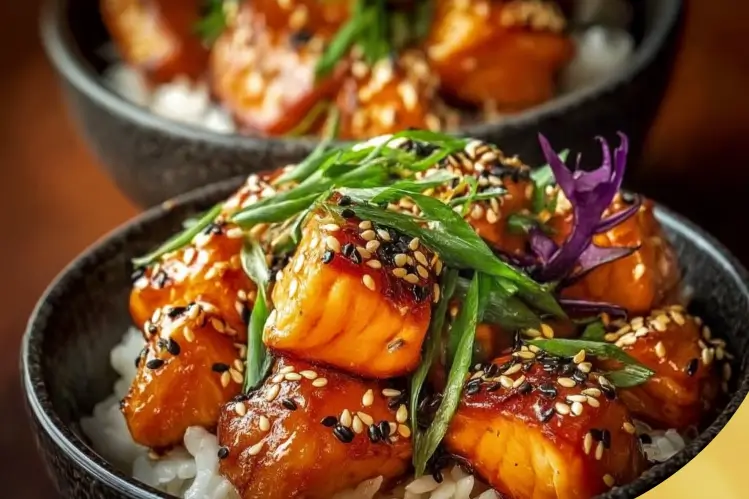 Crispy Salmon and Rice Bowl with veggies, avocado, and spicy sriracha mayo.