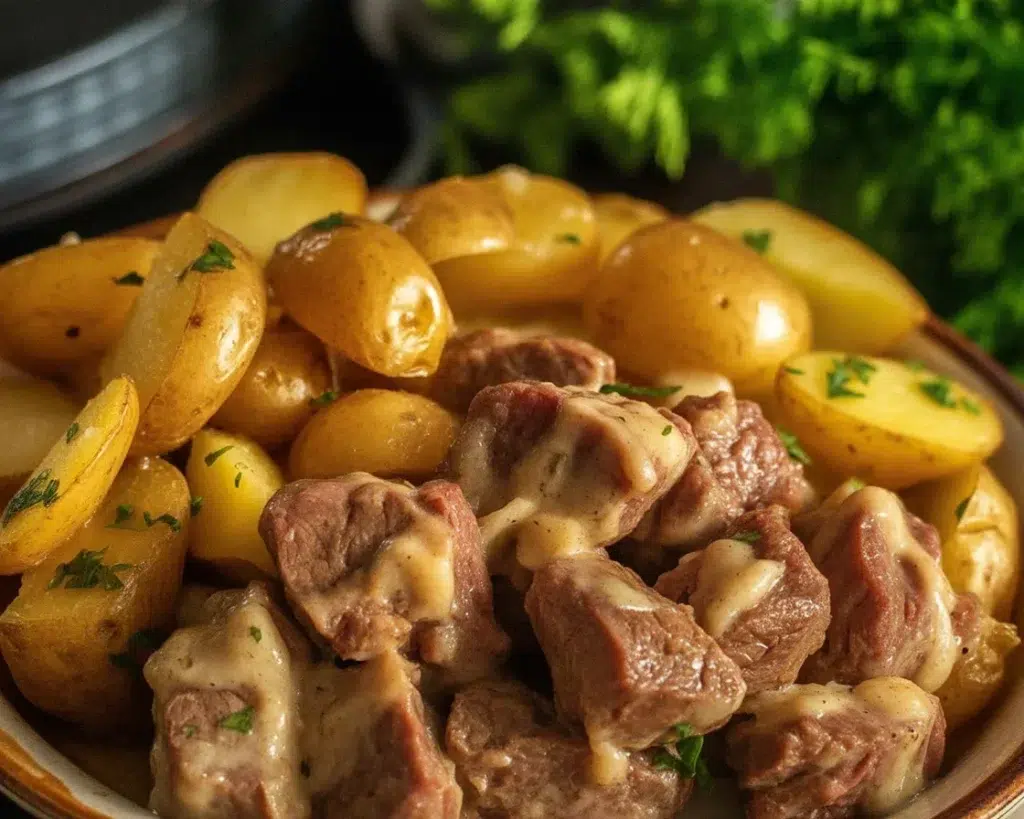 Slow Cooker Garlic Butter Beef Bites with rich sauce and tender meat, perfect for dinner.