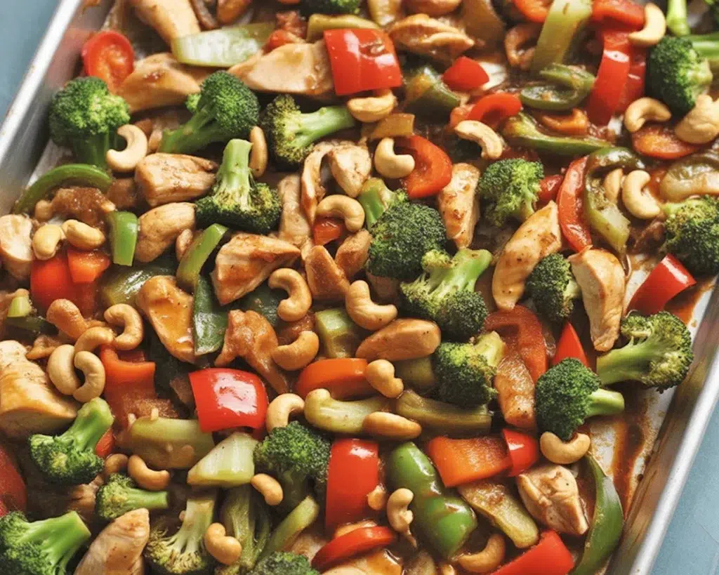 Delicious Sheet-Pan Cashew Chicken with tender chicken, cashews, and veggies.