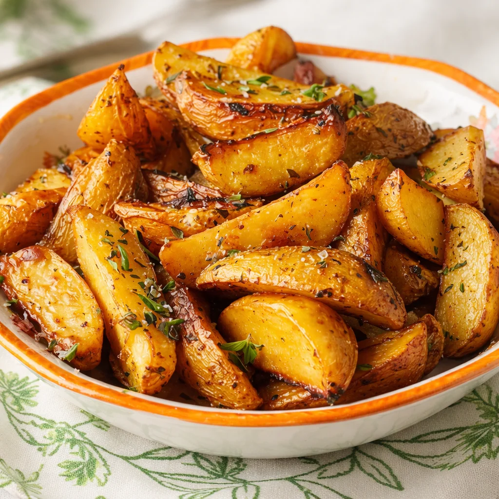A dish of Greek Potatoes With Lemon, golden roasted and garnished with fresh herbs.