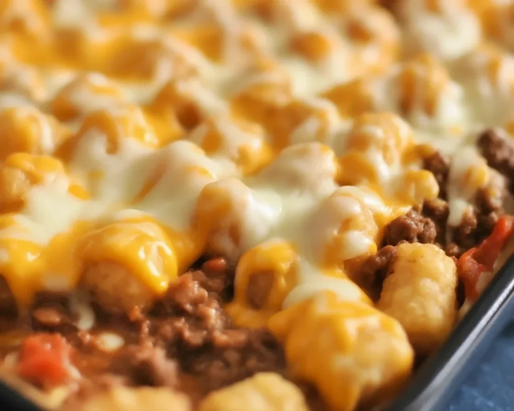 Delicious Chili Cheese Tater Tot Casserole topped with crispy tater tots and melted cheese.