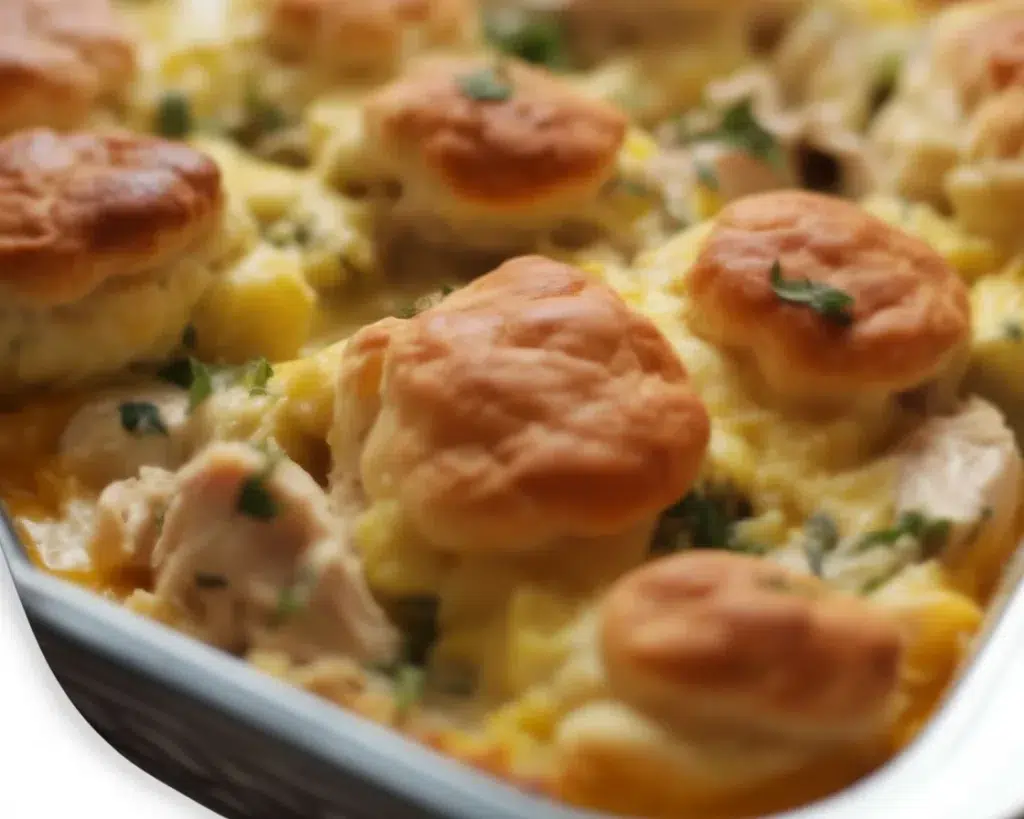 Delicious Chicken Bubble Biscuit Bake Casserole with creamy sauce and flaky biscuits.