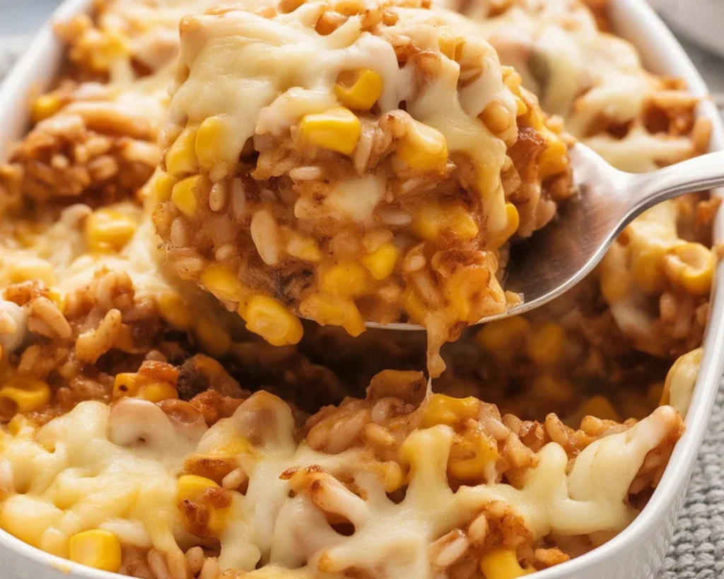 Delicious Chicken Enchilada Rice Casserole topped with cheese and garnished with fresh herbs.