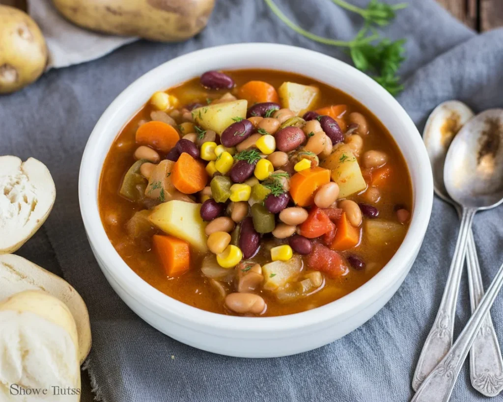 Crock Pot Shipwreck Stew with ground beef, potatoes, and beans in a bowl.