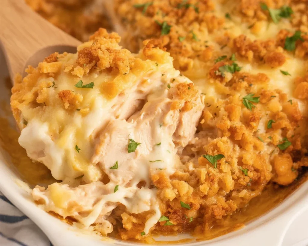 Delicious Chicken Cordon Bleu Casserole with layers of chicken, ham, and melted cheese.