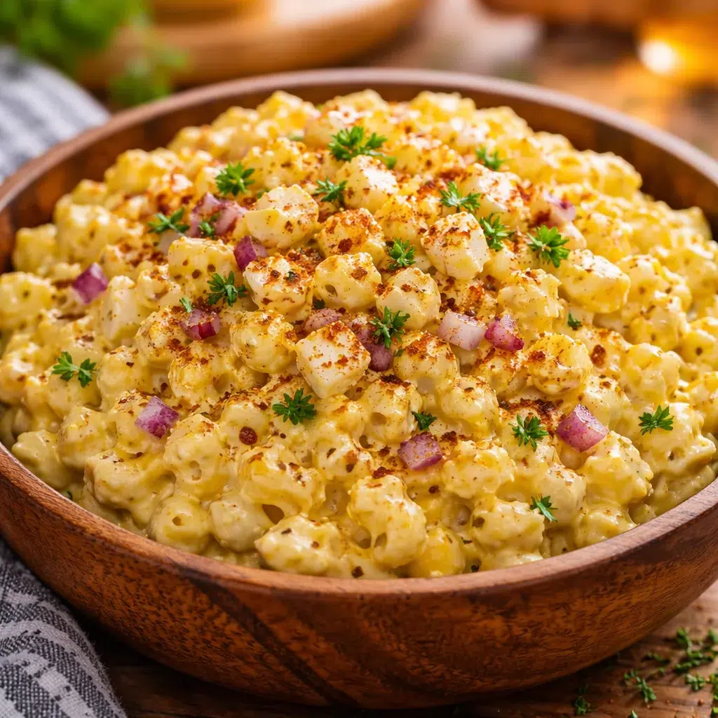 Creamy Deviled Egg Macaroni Salad with eggs, celery, and pickles in a bowl.