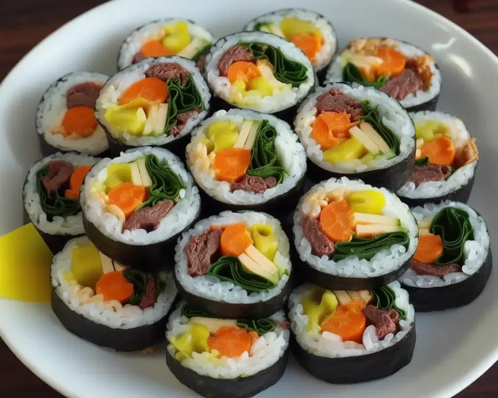 Delicious Kimbap, Korean seaweed rice rolls filled with vegetables and proteins.