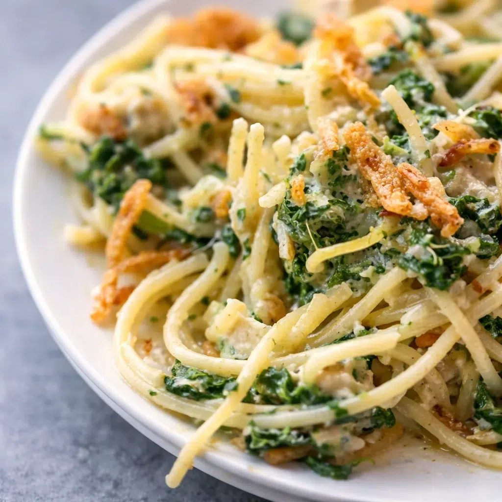 Baked Monterey Chicken Spaghetti with chicken, spinach, and cheese topped with fried onions.