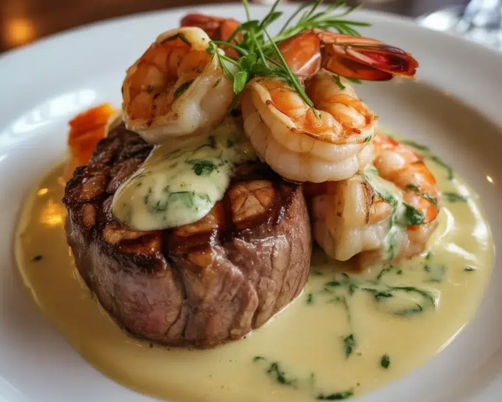 Surf and Turf with Creamy Garlic Sauce featuring steak and shrimp in a rich sauce.