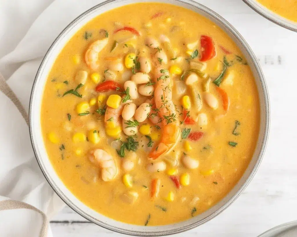 Delicious Shrimp and Corn Chowder served in a bowl with fresh herbs.