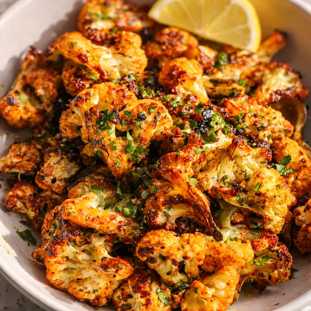 Crispy Roasted Cauliflower with cheddar and parmesan, garnished with herbs.