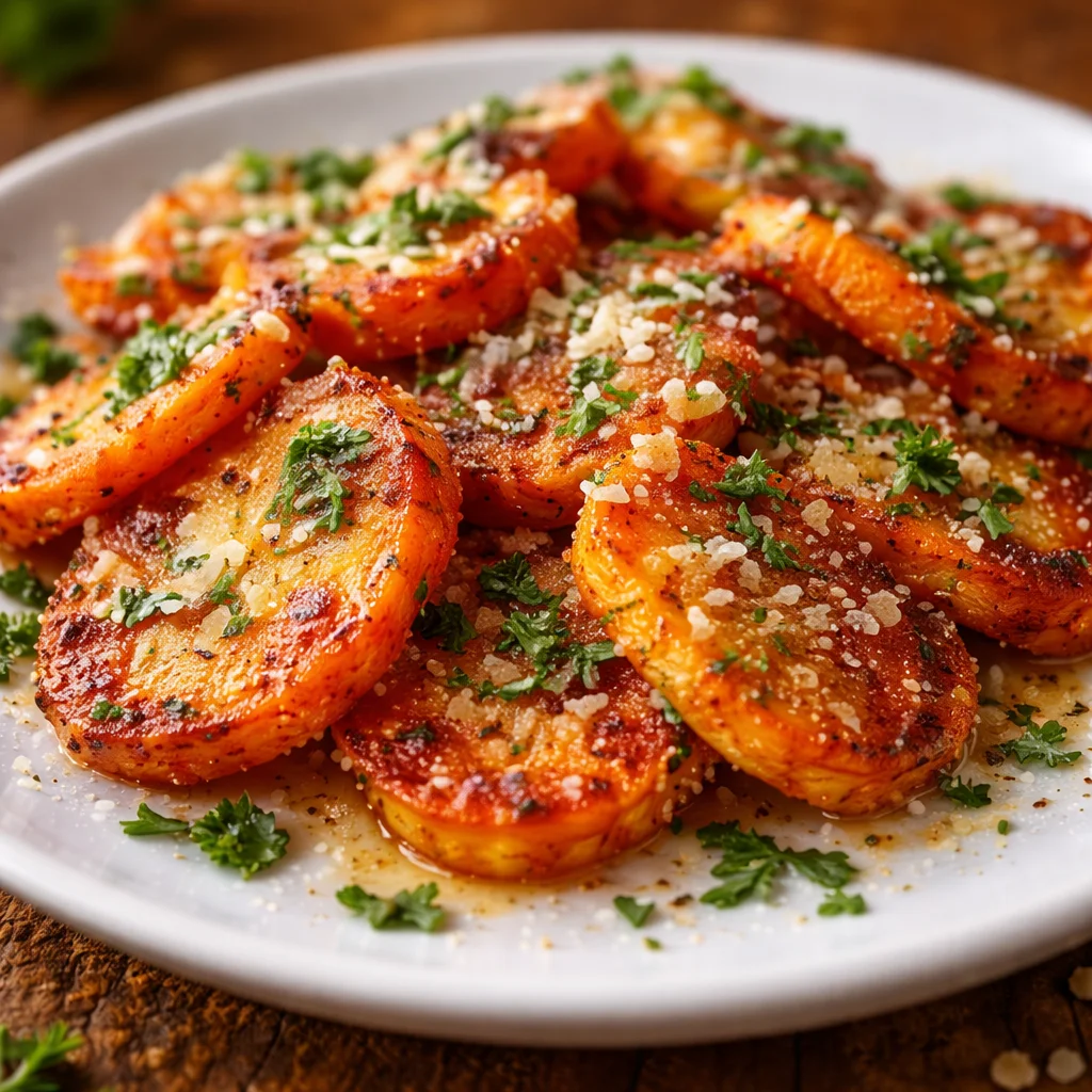 Delicious smashed carrots topped with crispy Parmesan cheese, ready to serve.