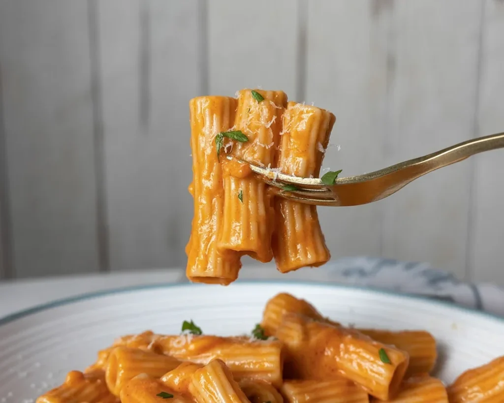 Creamy Tomato Garlic Pasta topped with fresh basil and Parmesan cheese.