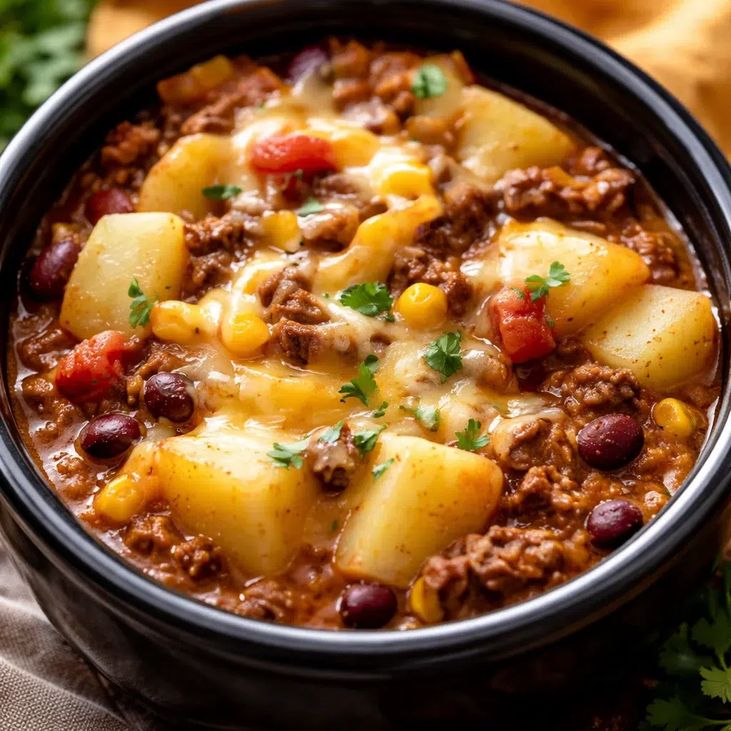 Delicious Slow Cooker Cowboy Casserole with beef, potatoes, and cheese