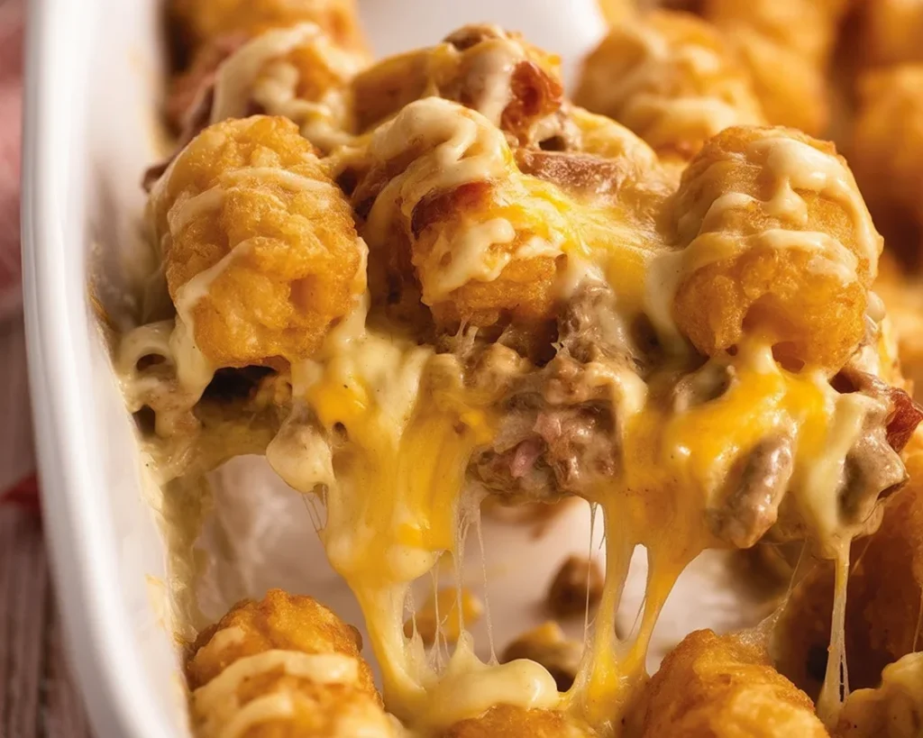 Delicious Tater Tot Casserole with crispy tater tots, ground beef, and cheddar cheese