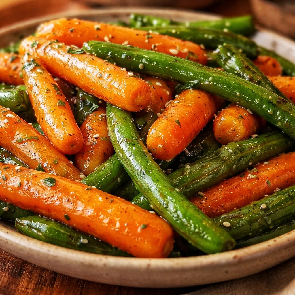 Bowl of honey glazed carrots and green beans, a delicious side dish recipe.