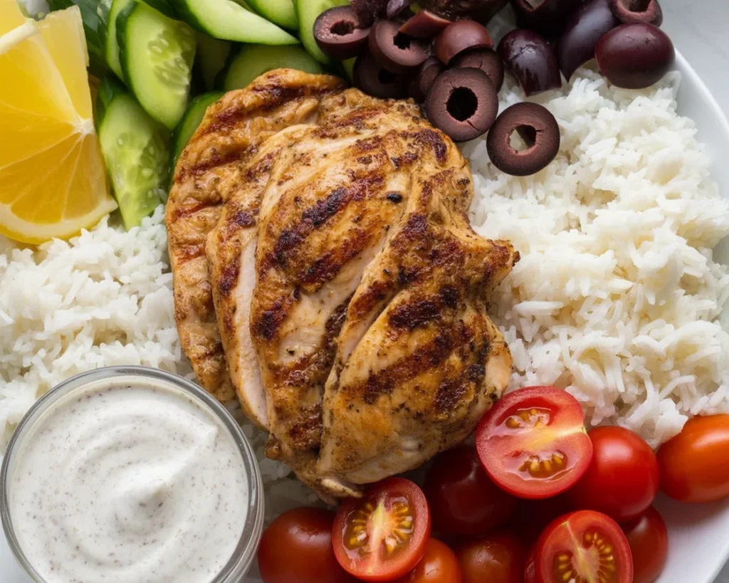 Delicious Chicken Tzatziki with Rice served in a bowl with fresh vegetables and yogurt sauce.