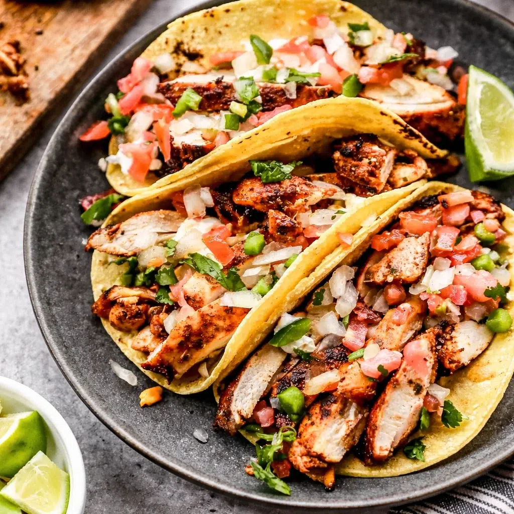 Delicious Chicken Street Tacos with avocado, onion salsa, and pico de gallo