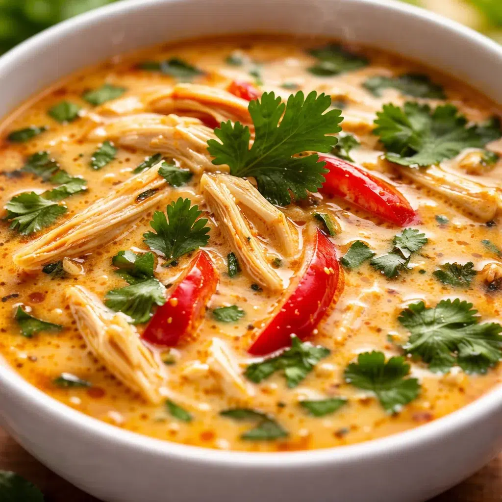Creamy Crockpot Thai Coconut Chicken Soup with vegetables and herbs.